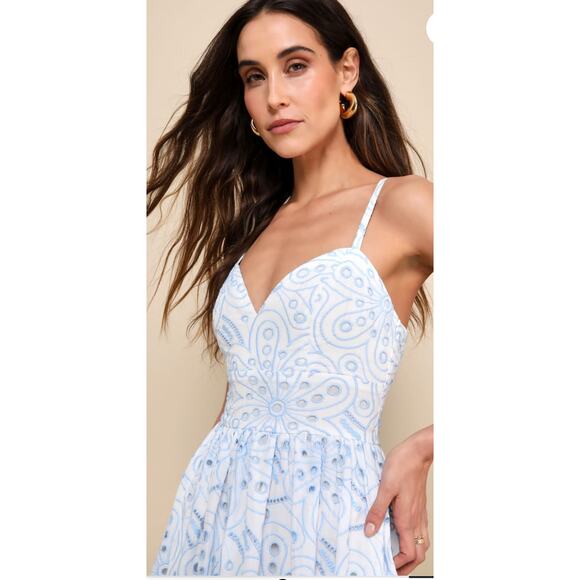 New! Lulu's Wm'S Sunny Poise White Cotton Eyelet Blue on White Midi Dress L# 50 - Picture 2 of 10